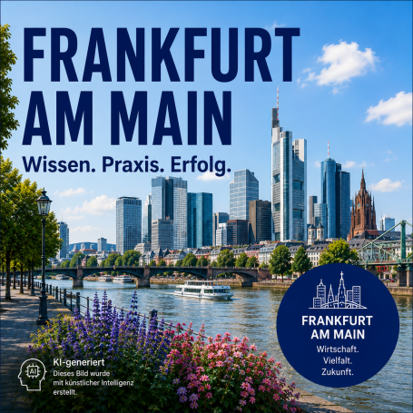 Seminare in Frankfurt am Main Skyline von Frankfurt am Main mit modernen Gebäuden und dem Fluss Main im Vordergrund.