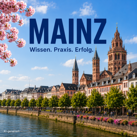 Seminare in Mainz Panorama von Mainz mit historischen Gebäuden und blühenden Bäumen am Rheinufer.