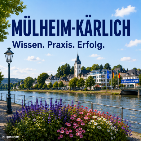 Seminare in Mülheim-Kärlich Flussansicht von Mülheim-Kärlich mit Stadtansicht und blühenden Blumen.