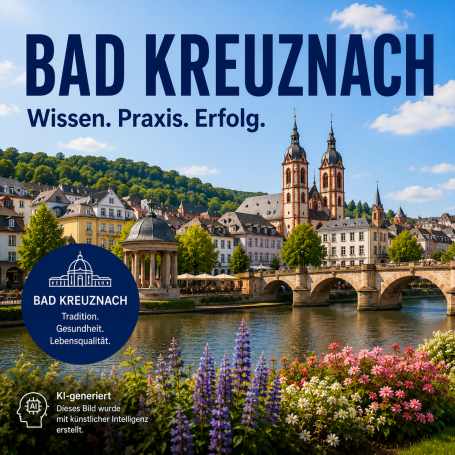 Seminare in Bad Kreuznach Stadtansicht von Bad Kreuznach mit Brücke, Blumen und historischen Gebäuden.