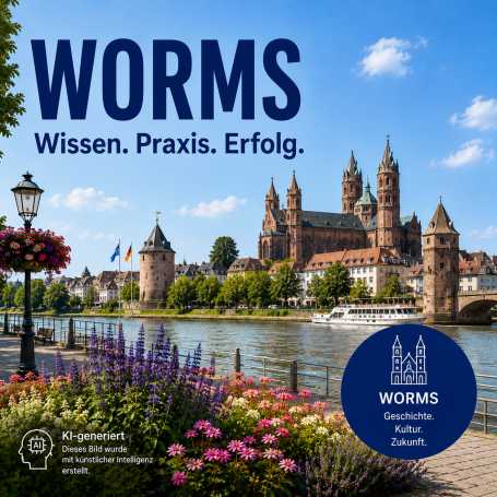 Seminare in Worms Stadtansicht von Worms mit historischer Architektur und blühenden Pflanzen im Vordergrund.